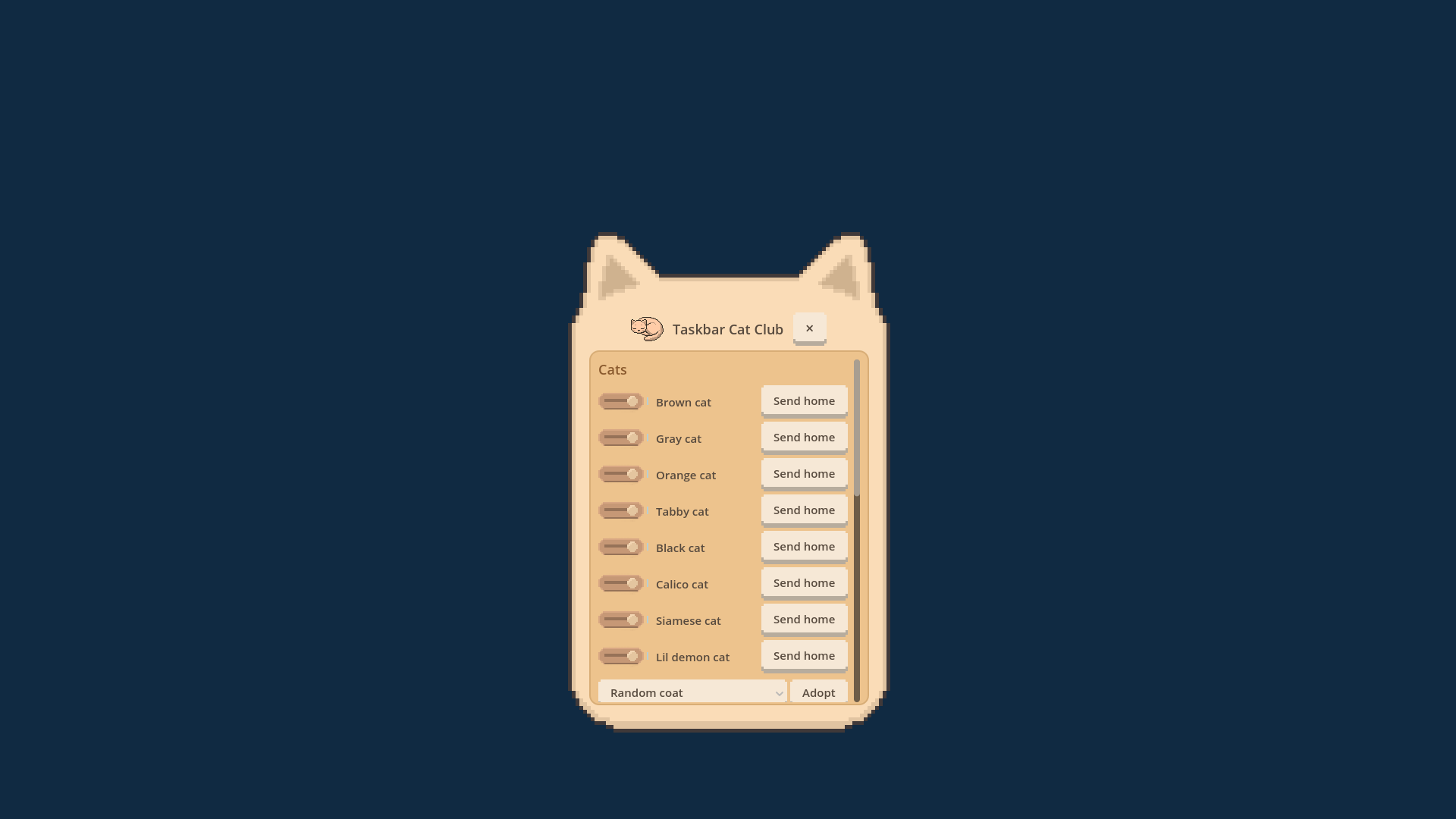 The cat-shaped settings window